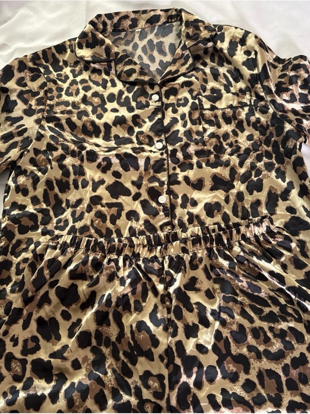 Leopard Print Satin Pajama Set - Tan, Brown & Black